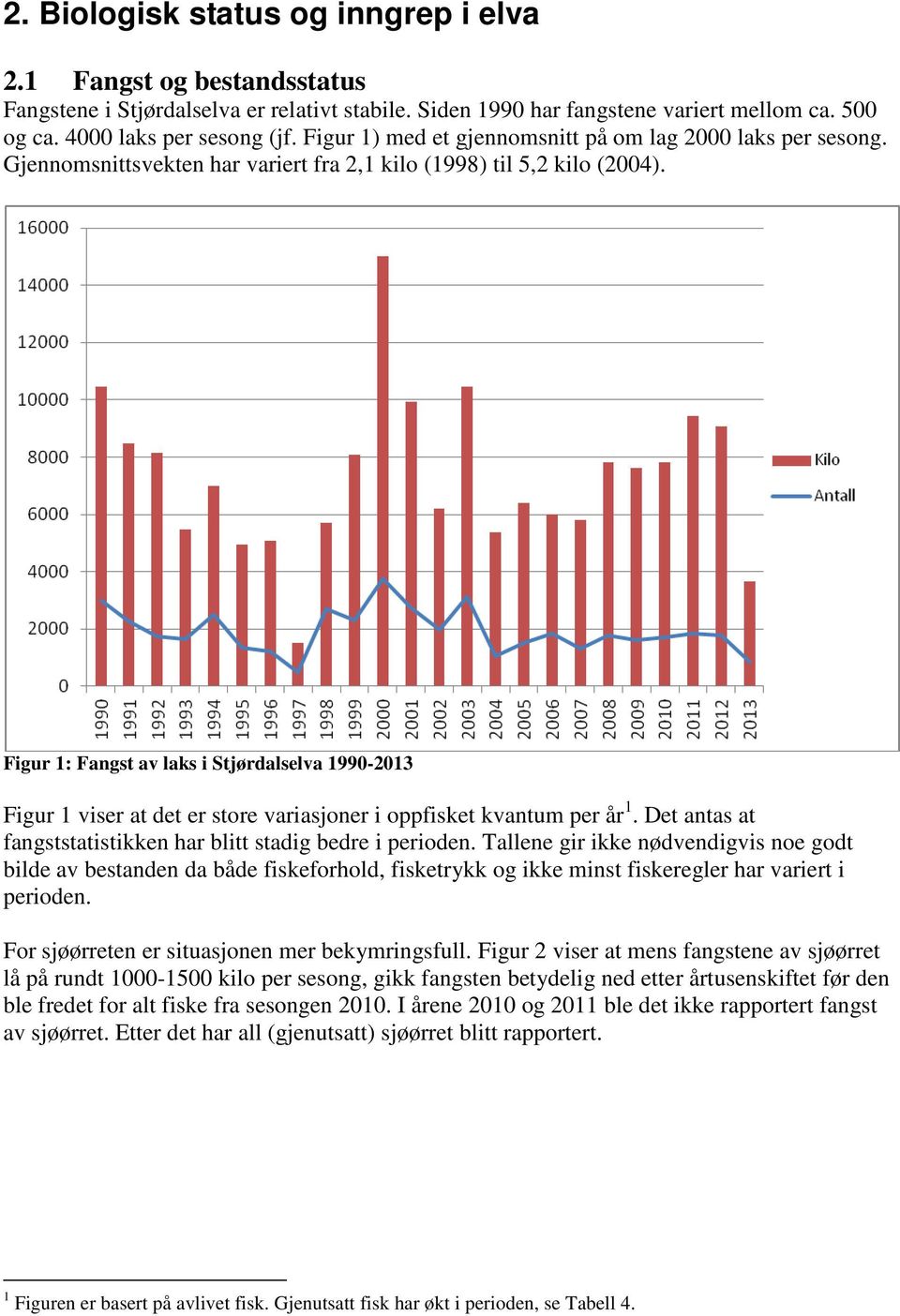 Figur 1: Fangst av laks i Stjørdalselva 1990-2013 Figur 1 viser at det er store variasjoner i oppfisket kvantum per år 1. Det antas at fangststatistikken har blitt stadig bedre i perioden.