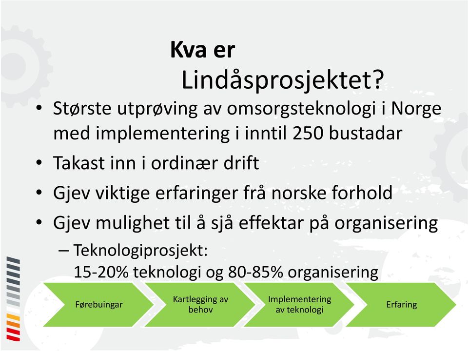 Takast inn i ordinær drift Gjev viktige erfaringer frå norske forhold Gjev mulighet til å