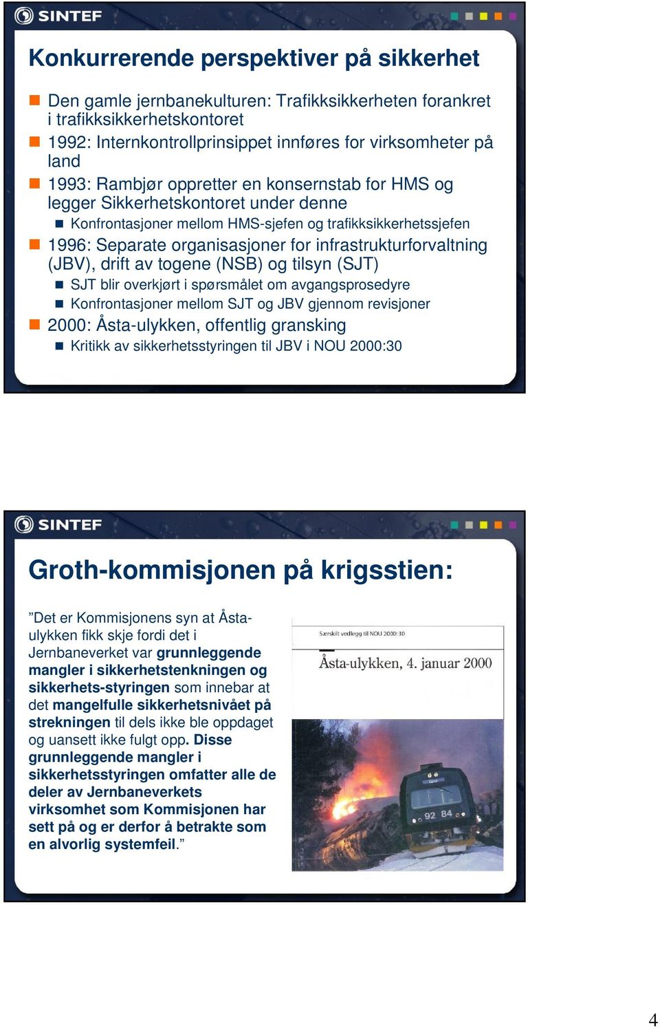 infrastrukturforvaltning (JBV), drift av togene (NSB) og tilsyn (SJT) SJT blir overkjørt i spørsmålet om avgangsprosedyre Konfrontasjoner mellom SJT og JBV gjennom revisjoner 2000: Åsta-ulykken,