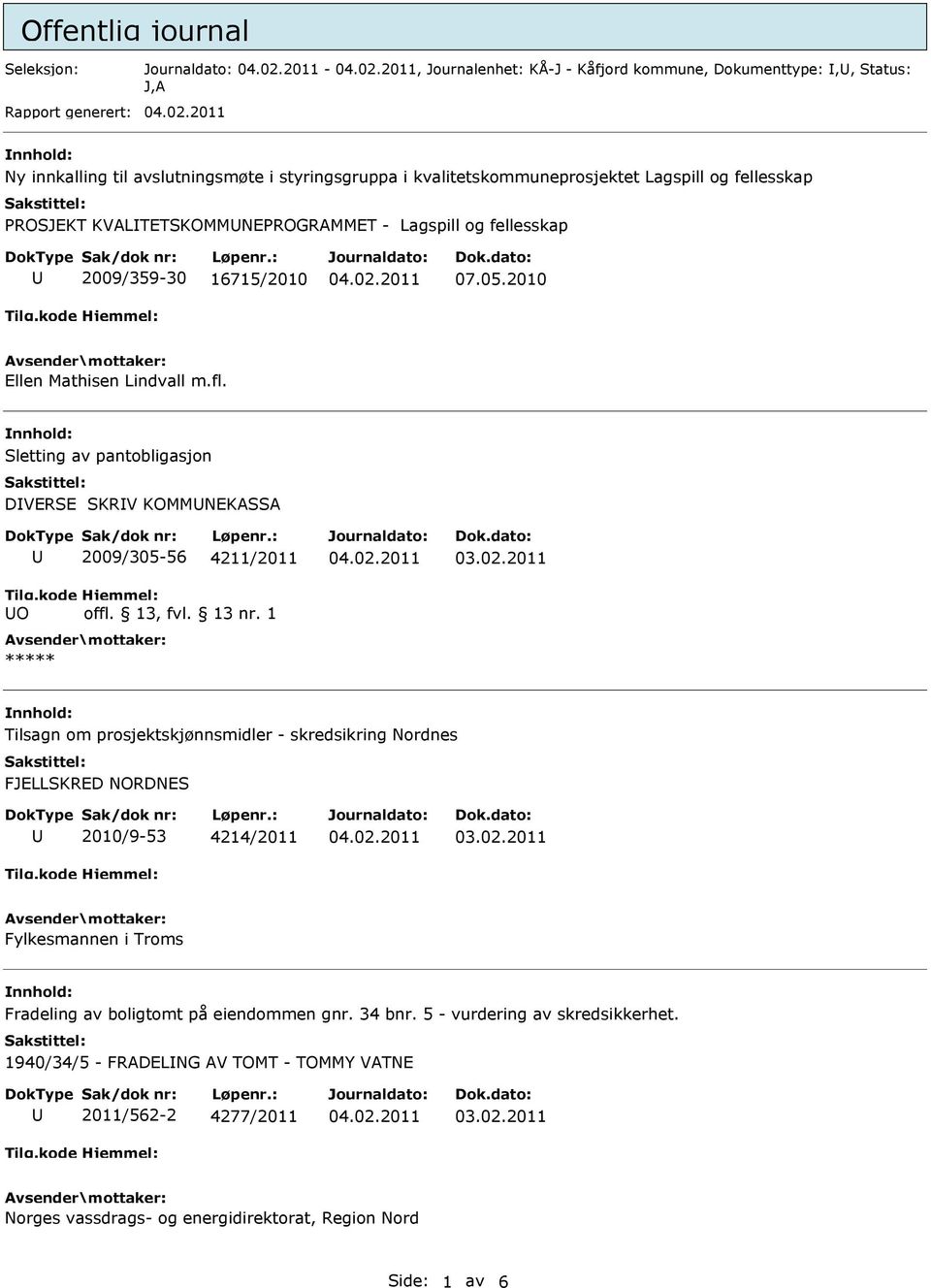 Sletting av pantobligasjon DVERSE SKRV KOMMNEKASSA O 2009/305-56 4211/2011 Tilsagn om prosjektskjønnsmidler - skredsikring Nordnes FJELLSKRED NORDNES 2010/9-53 4214/2011 Fylkesmannen i