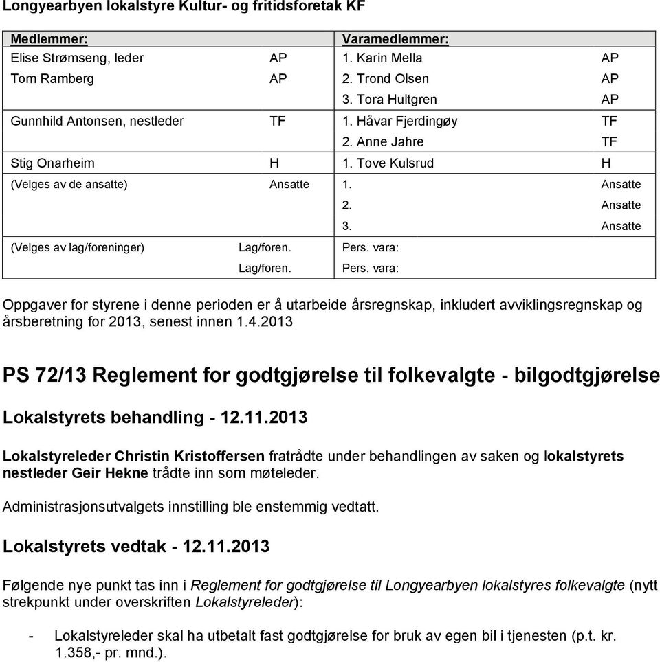 Ansatte (Velges av lag/foreninger) Lag/foren. Pers. vara: Lag/foren. Pers. vara: Oppgaver for styrene i denne perioden er å utarbeide årsregnskap, inkludert avviklingsregnskap og årsberetning for 2013, senest innen 1.