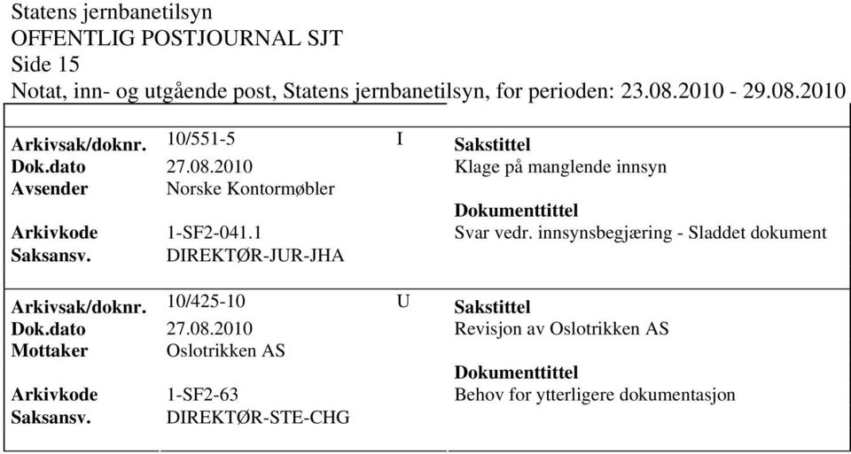 innsynsbegjæring - Sladdet dokument Arkivsak/dok0/425-10 U Sakstittel