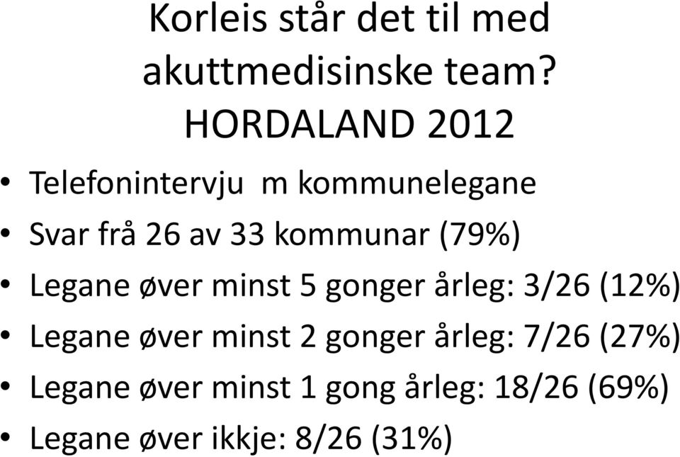 kommunar (79%) Legane øver minst 5 gonger årleg: 3/26 (12%) Legane øver