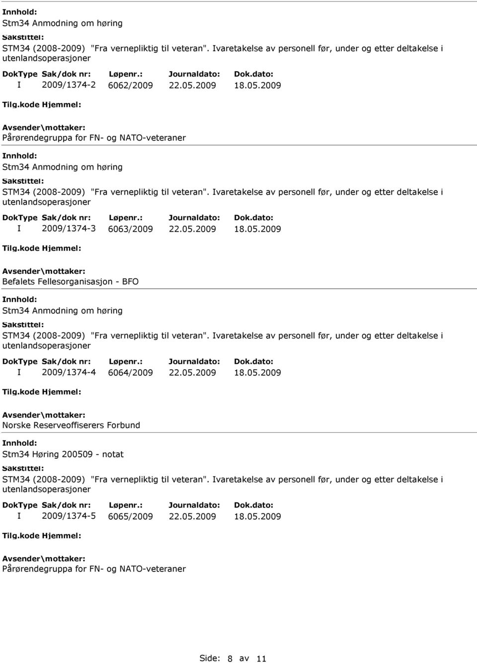 varetakelse av personell før, under og etter deltakelse i 2009/1374-3 6063/2009 18.05.2009 Befalets Fellesorganisasjon - BFO Stm34 Anmodning om høring STM34 (2008-2009) "Fra vernepliktig til veteran".