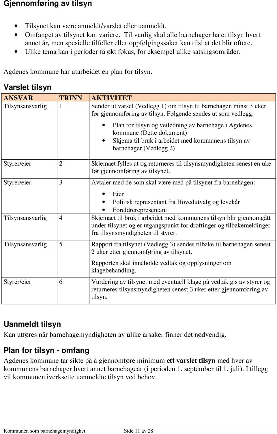 Ulike tema kan i perioder få økt fokus, for eksempel ulike satsingsområder. Agdenes kommune har utarbeidet en plan for tilsyn.