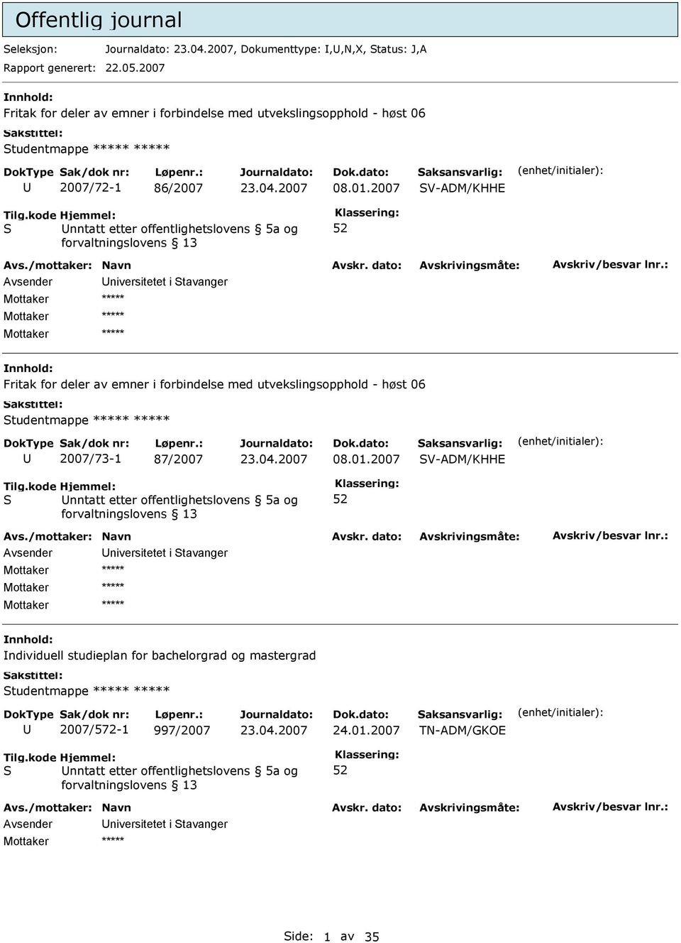 2007 V-ADM/KHHE nntatt etter offentlighetslovens 5a og niversitetet i tavanger Fritak for deler av emner i forbindelse med utvekslingsopphold - høst 06