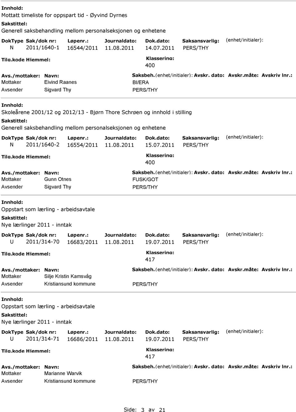 : Mottaker ivind Raanes B/RA Sigvard Thy Skoleårene 2001/12 og 2012/13 - Bjørn Thore Schrøen og innhold i stilling Generell saksbehandling mellom personalseksjonen og enhetene 2011/1640-2 16554/2011