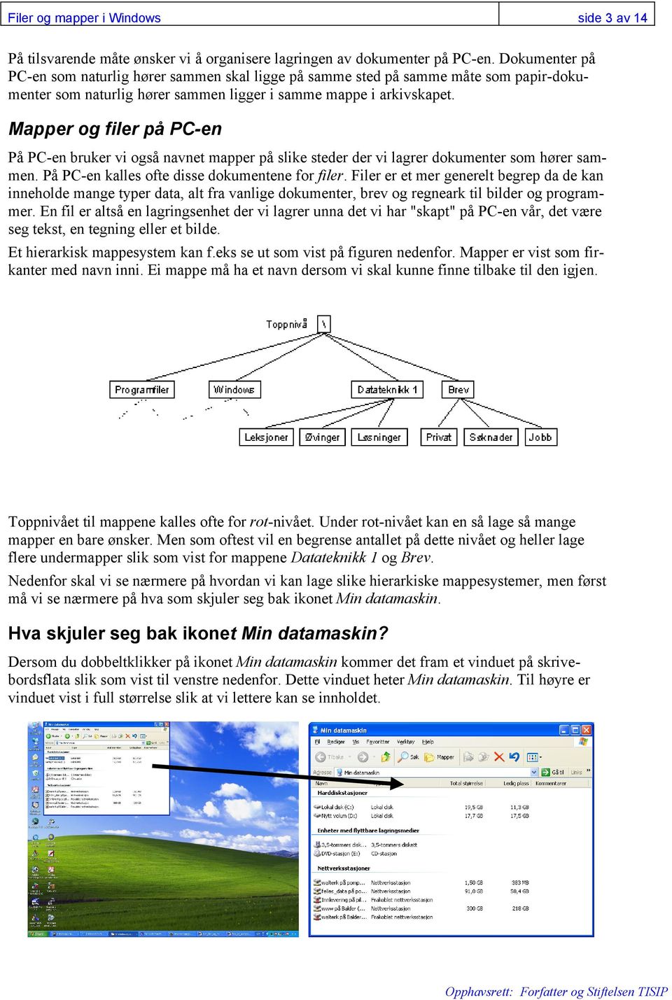 Mapper og filer på PC-en På PC-en bruker vi også navnet mapper på slike steder der vi lagrer dokumenter som hører sammen. På PC-en kalles ofte disse dokumentene for filer.