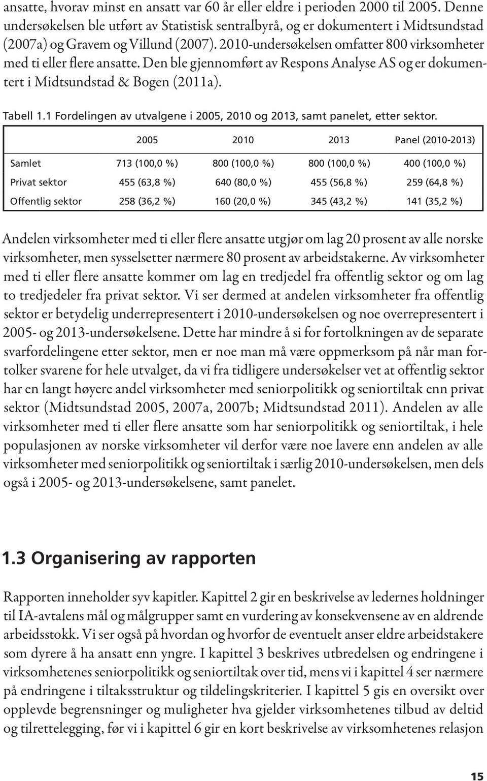 Den ble gjennomført av Respons Analyse AS og er dokumentert i Midtsundstad & Bogen (2011a). Tabell 1.1 Fordelingen av utvalgene i 2005, 2010 og 2013, samt panelet, etter sektor.