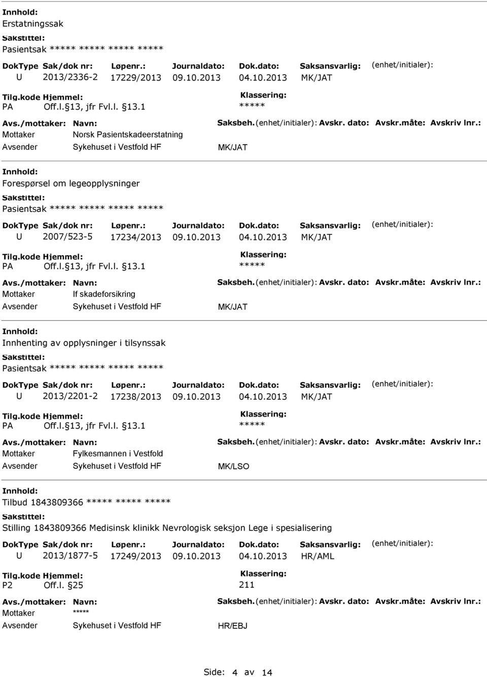 : Mottaker f skadeforsikring nnhenting av opplysninger i tilsynssak Pasientsak 2013/2201-2 17238/2013 Avs./mottaker: Navn: Saksbeh. Avskr. dato: Avskr.måte: Avskriv lnr.