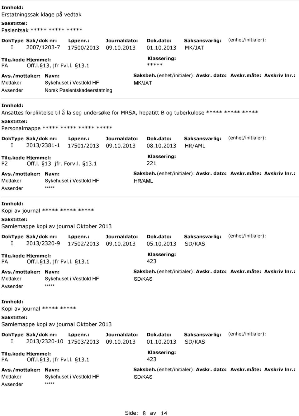 /mottaker: Navn: Saksbeh. Avskr. dato: Avskr.måte: Avskriv lnr.: Kopi av journal Samlemappe kopi av journal Oktober 2013 2013/2320-9 17502/2013 05.10.2013 423 Avs.