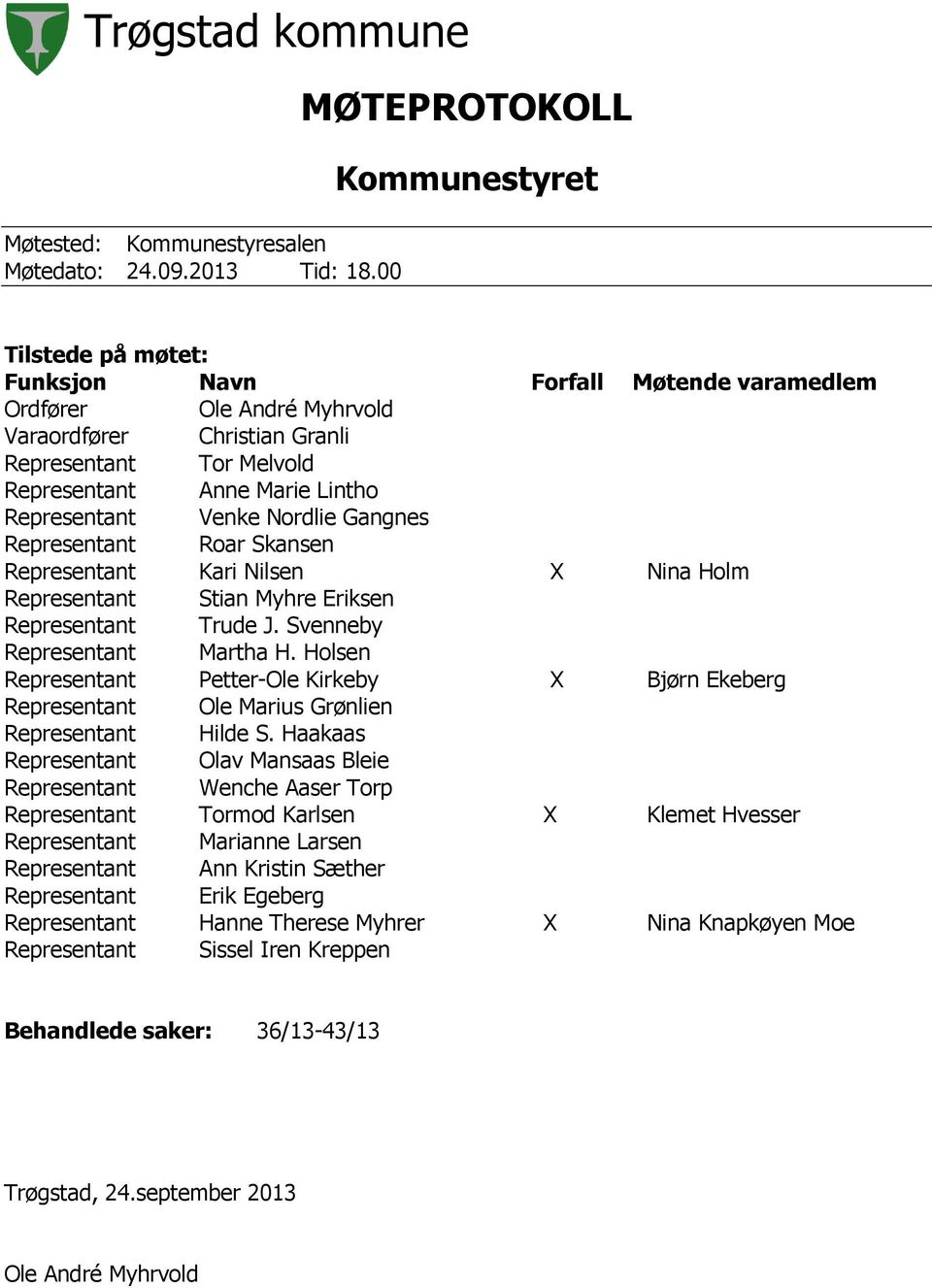 Lintho Representant Venke Nordlie Gangnes Representant Roar Skansen Representant Kari Nilsen X Nina Holm Representant Stian Myhre Eriksen Representant Trude J. Svenneby Representant Martha H.