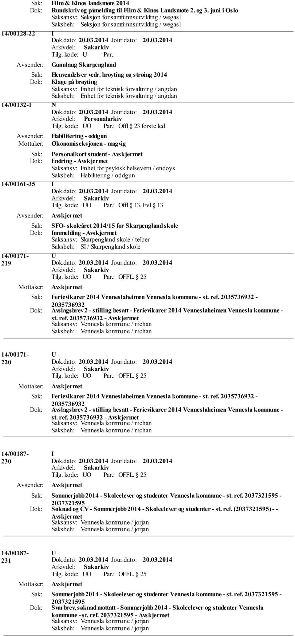 brøyting og strøing 2014 Klage på brøyting Saksansv: Enhet for teknisk forvaltning / angdan Saksbeh: Enhet for teknisk forvaltning / angdan 14/00132-1 N Habilitering - oddgun Personalkort student -