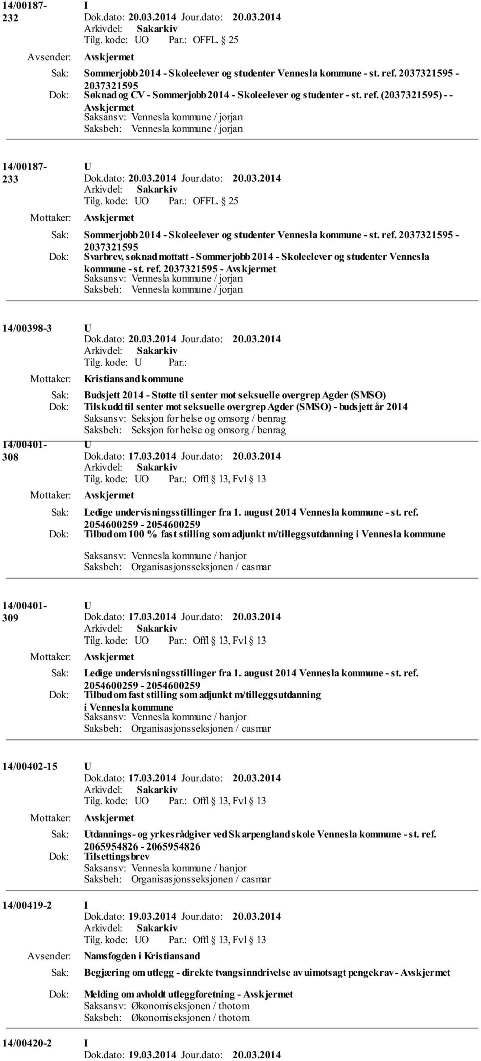 kode: O OFFL. 25 Sommerjobb 2014 - Skoleelever og studenter Vennesla kommune - st. ref.