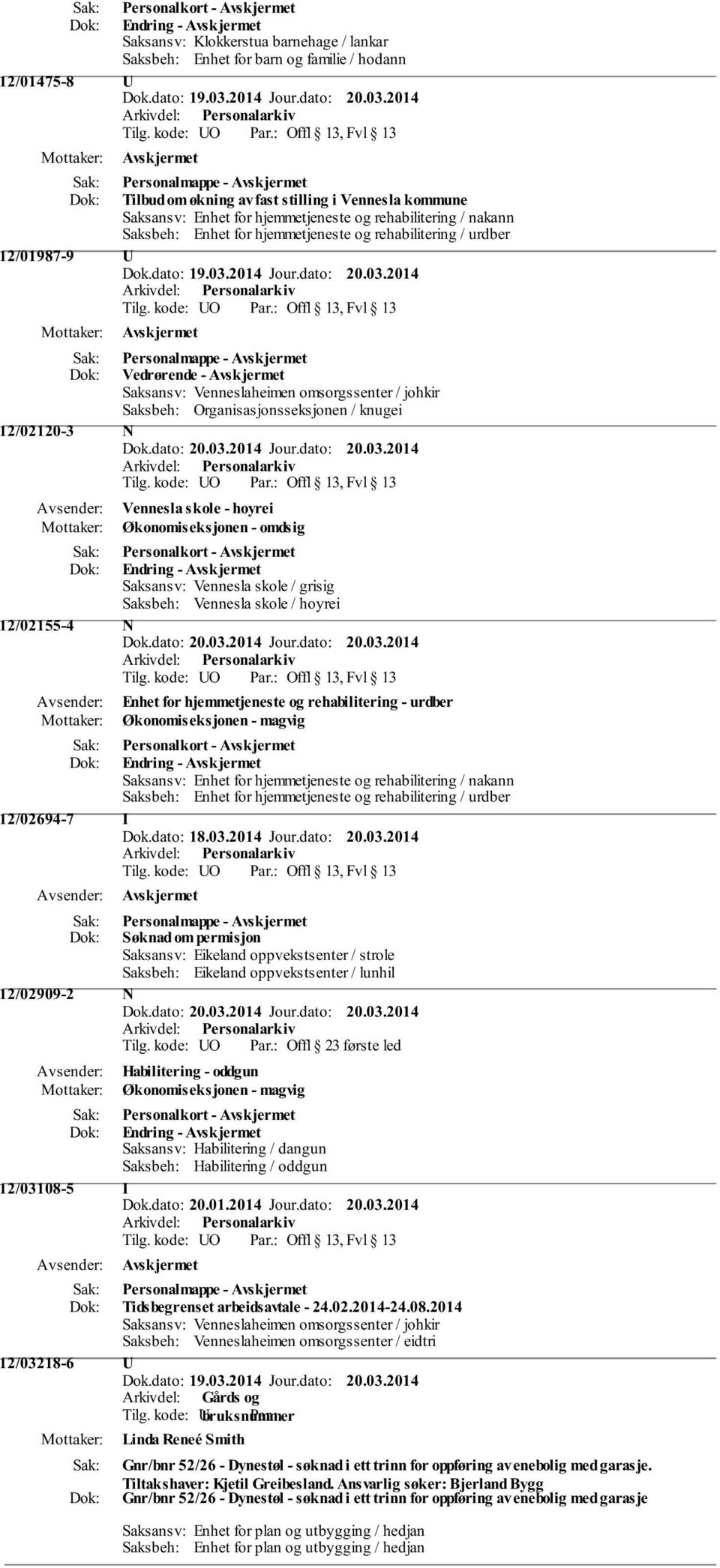 skole / grisig Saksbeh: Vennesla skole / hoyrei 12/02155-4 N Enhet for hjemmetjeneste og rehabilitering - urdber Endring - 12/02694-7 I Personalmappe - Søknad om permisjon Saksansv: Eikeland