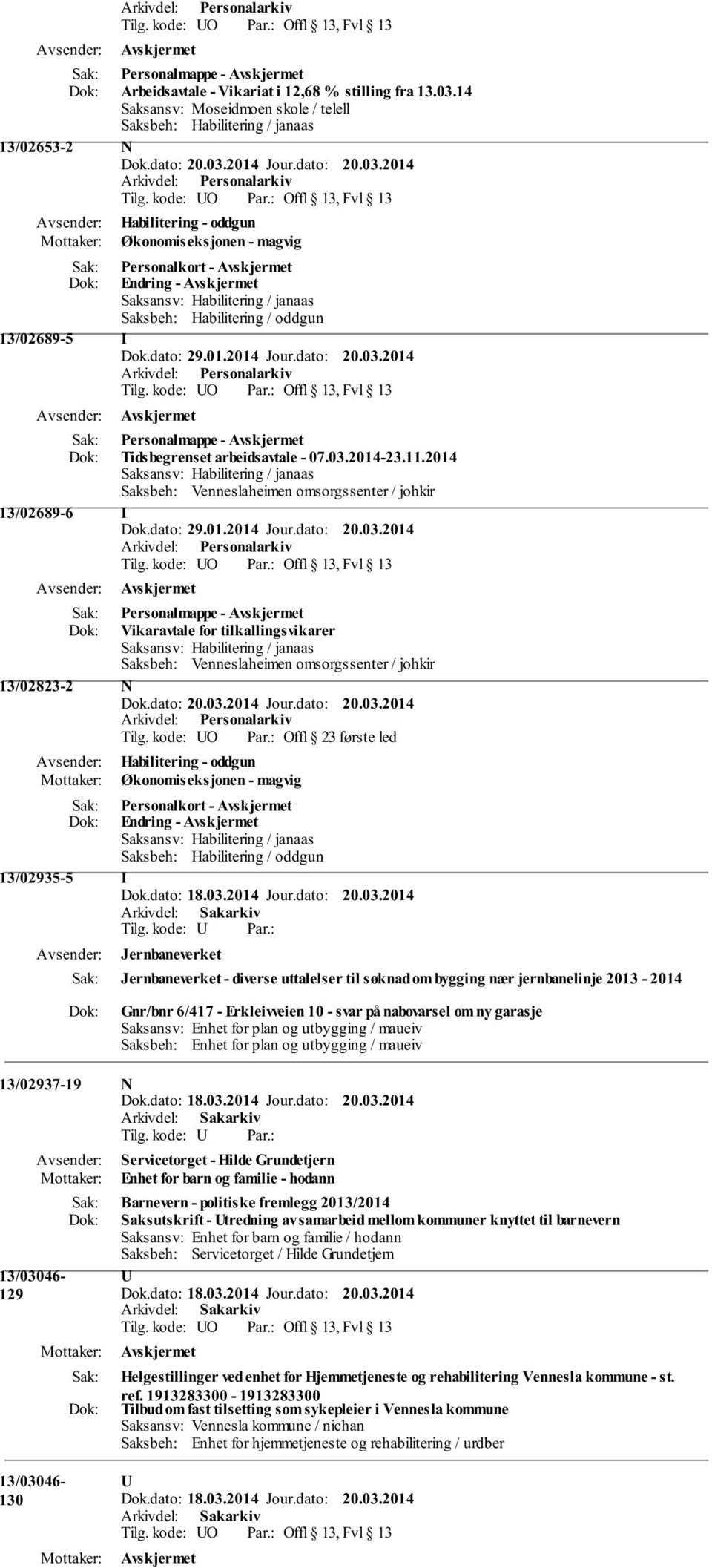 2014 Personalmappe - Tidsbegrenset arbeidsavtale - 07.03.2014-23.11.2014 Saksansv: Habilitering / janaas Saksbeh: Venneslaheimen omsorgssenter / johkir 13/02689-6 I Dok.dato: 29.01.2014 Jour.dato: 20.