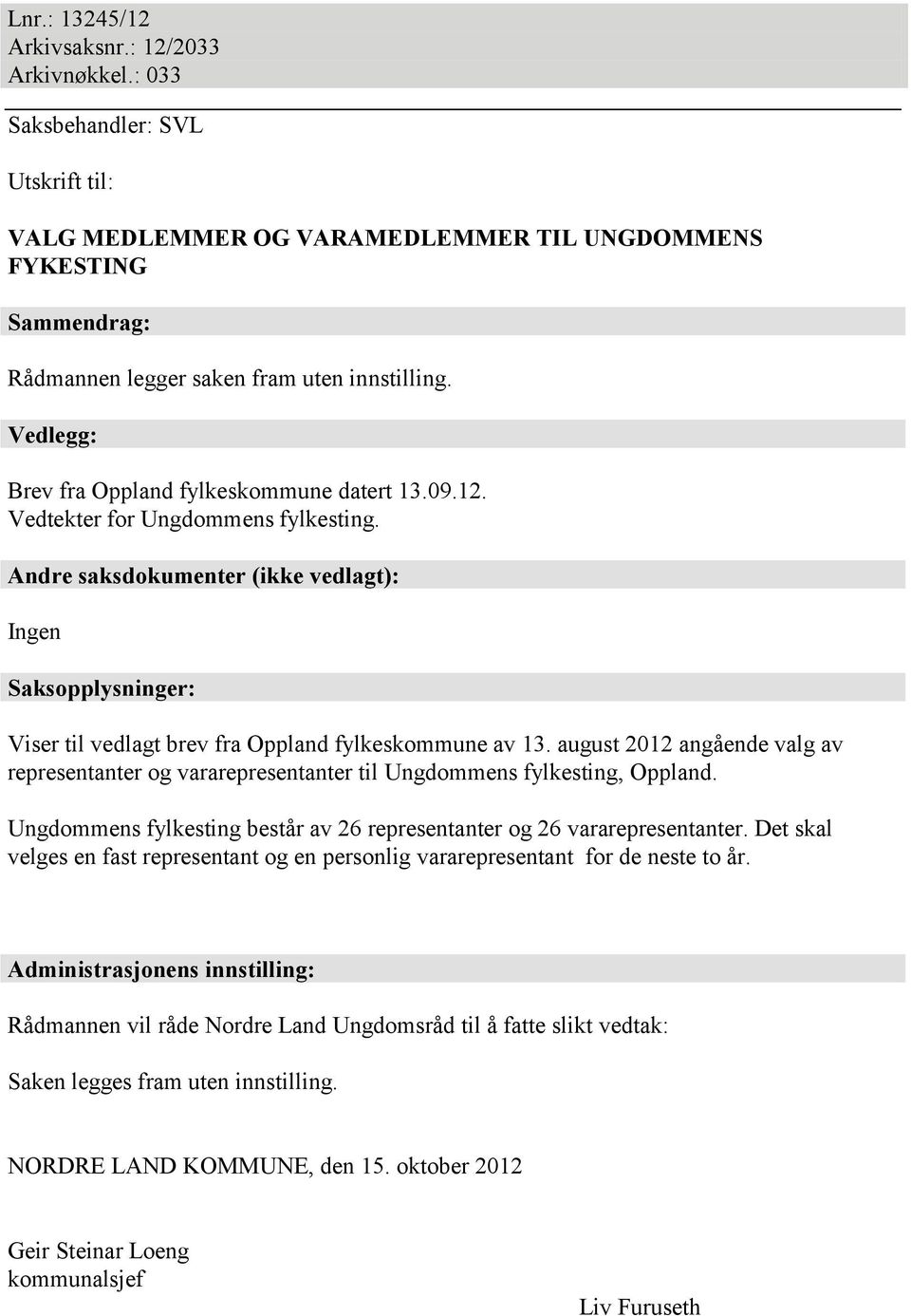Vedlegg: Brev fra Oppland fylkeskommune datert 13.09.12. Vedtekter for Ungdommens fylkesting.