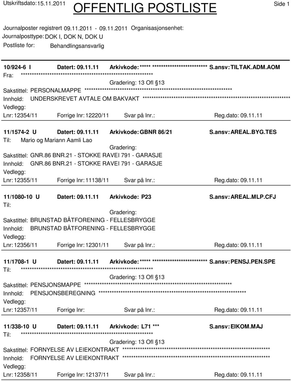 ansv: AREAL.BYG.TES Til: Mario og Mariann Aamli Lao Sakstittel: GNR.86 BNR.21 - STOKKE RAVEI 791 - GARASJE Innhold: GNR.86 BNR.21 - STOKKE RAVEI 791 - GARASJE Lnr: 12355/11 Forrige lnr: 11138/11 Svar på lnr.