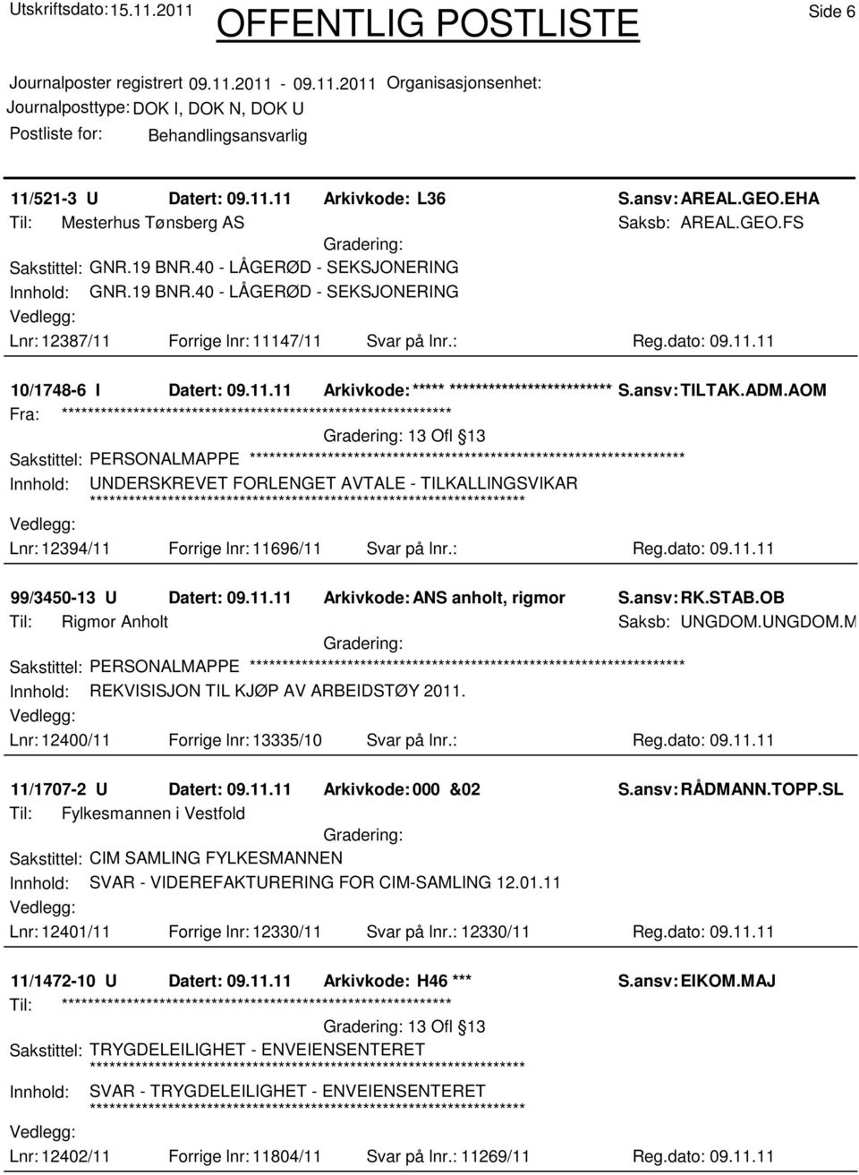 ansv: TILTAK.ADM.AOM 13 Ofl 13 Sakstittel: PERSONALMAPPE Innhold: UNDERSKREVET FORLENGET AVTALE - TILKALLINGSVIKAR Lnr: 12394/11 Forrige lnr: 11696/11 Svar på lnr.: Reg.dato: 09.11.11 99/3450-13 U Datert: 09.