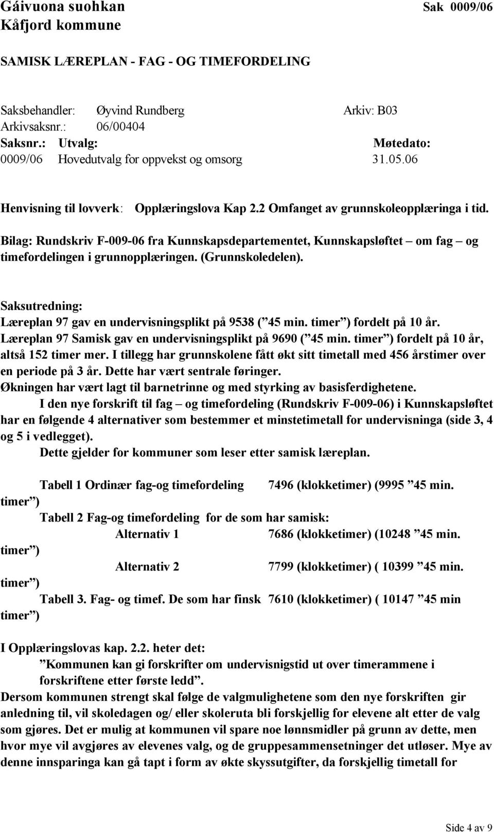 Bilag: Rundskriv F-009-06 fra Kunnskapsdepartementet, Kunnskapsløftet om fag og timefordelingen i grunnopplæringen. (Grunnskoledelen).