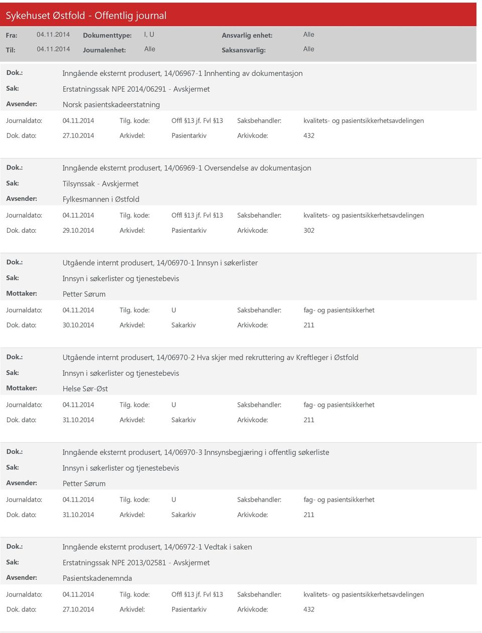 2014 Arkivdel: Pasientarkiv Arkivkode: 302 tgående internt produsert, 14/06970-1 Innsyn i søkerlister Petter Sørum tgående internt produsert, 14/06970-2 Hva skjer med rekruttering av