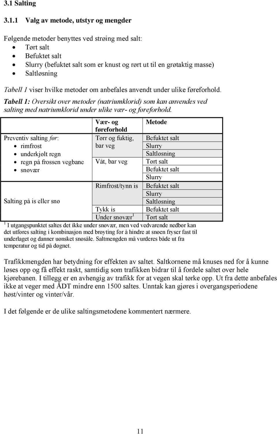 Tabell 1: Oversikt over metoder (natriumklorid) som kan anvendes ved salting med natriumklorid under ulike vær- og føreforhold.