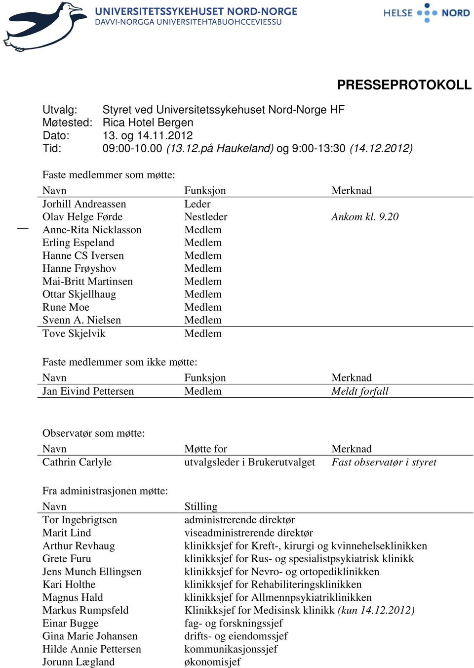 Nielsen Tove Skjelvik Faste medlemmer som ikke møtte: Navn Funksjon Merknad Jan Eivind Pettersen Meldt forfall Observatør som møtte: Navn Møtte for Merknad Cathrin Carlyle utvalgsleder i