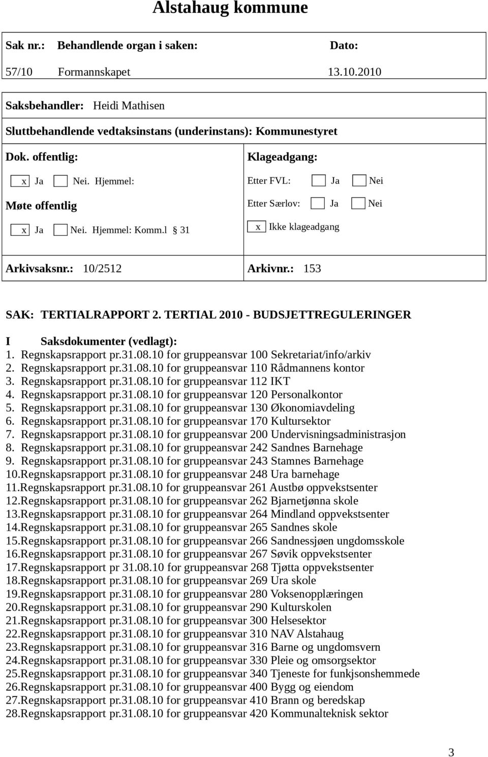 : 153 SAK: TERTIALRAPPORT 2. TERTIAL 2010 - BUDSJETTREGULERINGER I Saksdokumenter (vedlagt): 1. Regnskapsrapport pr.31.08.10 for gruppeansvar 100 Sekretariat/info/arkiv 2. Regnskapsrapport pr.31.08.10 for gruppeansvar 110 Rådmannens kontor 3.