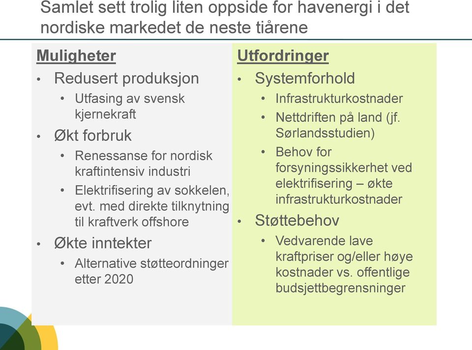 med direkte tilknytning til kraftverk offshore Økte inntekter Alternative støtteordninger etter 2020 Utfordringer Systemforhold Infrastrukturkostnader