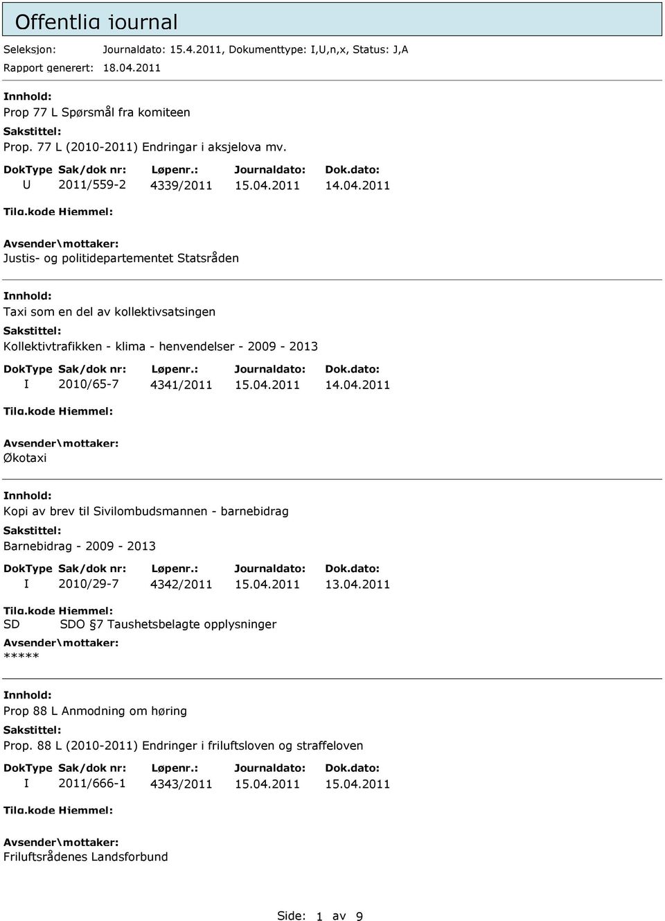 2011/559-2 4339/2011 Justis- og politidepartementet Statsråden Taxi som en del av kollektivsatsingen Kollektivtrafikken - klima - henvendelser - 2009-2013 2010/65-7