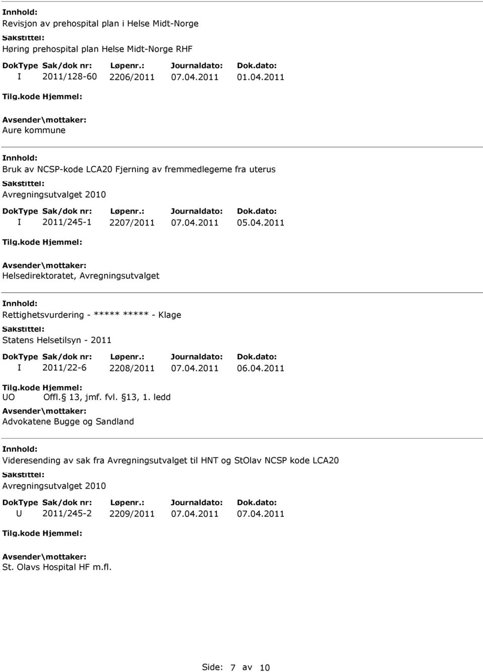 Avregningsutvalget Rettighetsvurdering - ***** ***** - Klage Statens Helsetilsyn - 2011 2011/22-6 2208/2011 Tilg.kode O Hjemmel: Offl. 13, jmf. fvl. 13, 1.