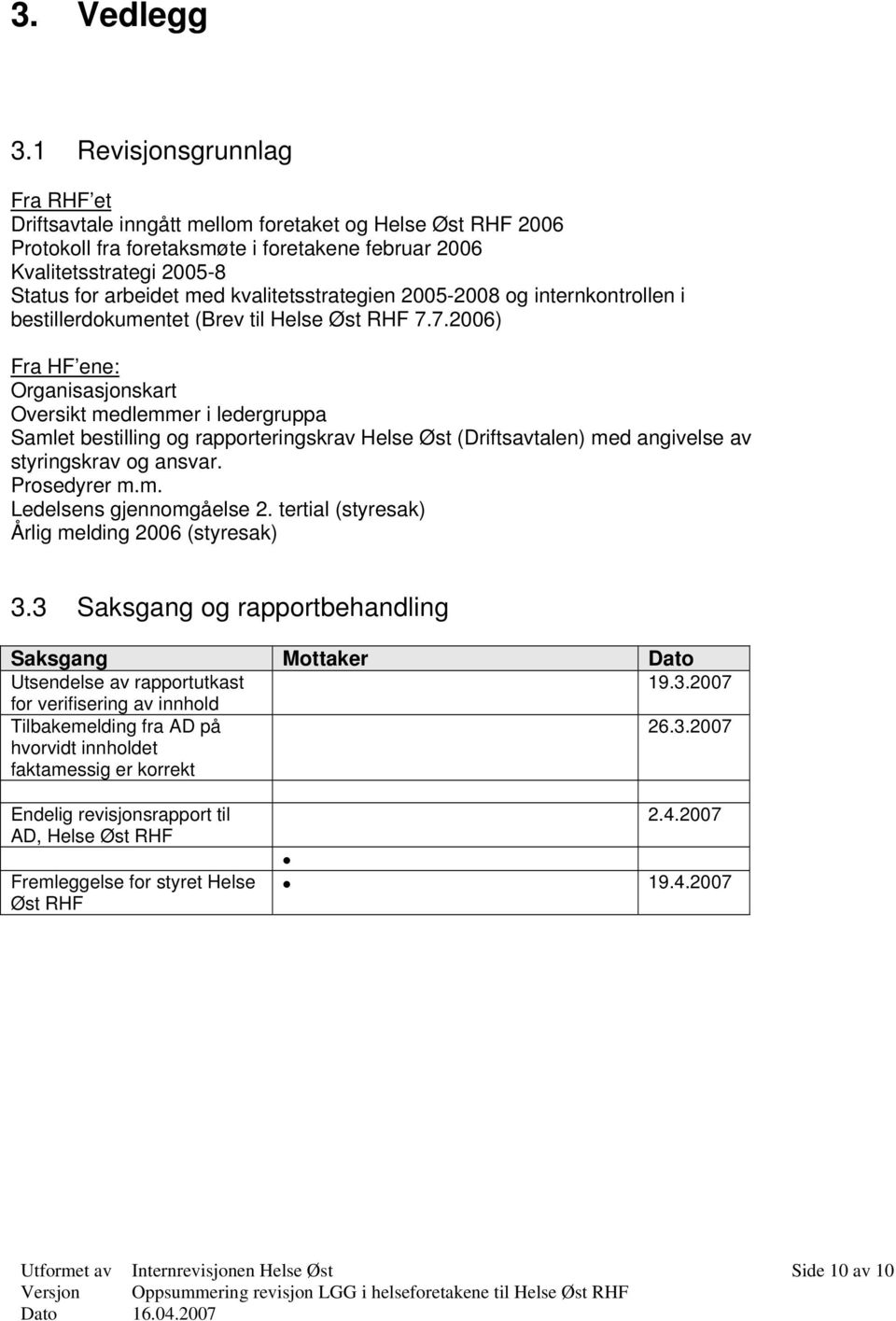 kvalitetsstrategien 2005-2008 og internkontrollen i bestillerdokumentet (Brev til Helse Øst RHF 7.