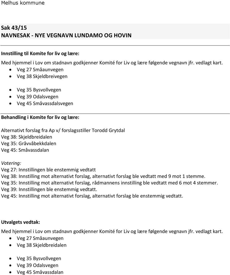 Grytdal Veg 38: Skjeldbreidalen Veg 35: Gråvvåbekkdalen Veg 45: Småvassdalan Votering: Veg 27: Innstillingen ble enstemmig vedtatt Veg 38: Innstilling mot alternativt forslag, alternativt forslag ble