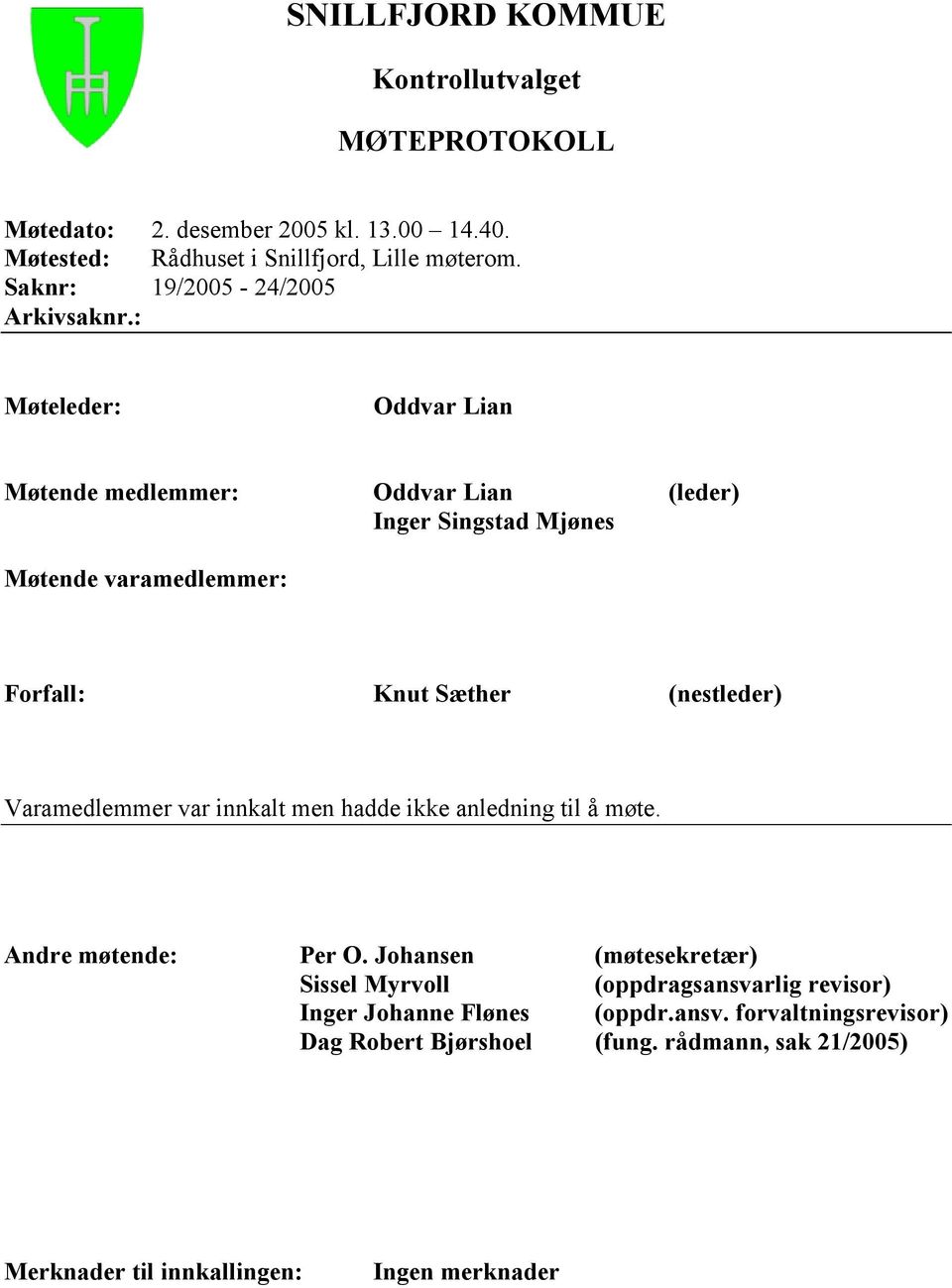 : Møteleder: Oddvar Lian Møtende medlemmer: Oddvar Lian (leder) Inger Singstad Mjønes Møtende varamedlemmer: Forfall : Knut Sæther (nestleder)