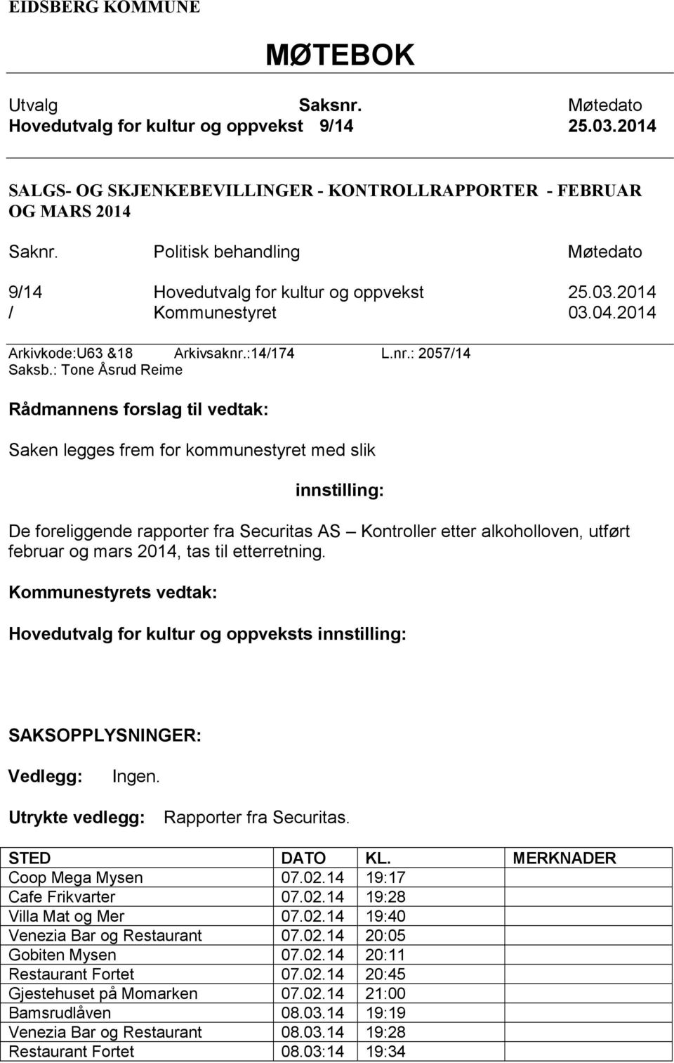 : Tone Åsrud Reime Rådmannens forslag til vedtak: Saken legges frem for kommunestyret med slik innstilling: De foreliggende rapporter fra Securitas AS Kontroller etter alkoholloven, utført februar og