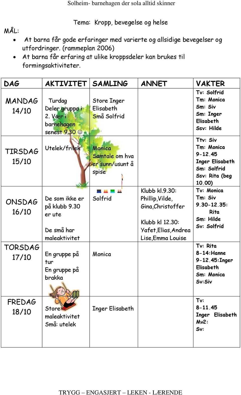 DAG AKTIVITET SAMLING ANNET VAKTER MANDAG 14/10 TIRSDAG 15/10 ONSDAG 16/10 TORSDAG 17/10 Turdag Deler gruppa i 2. Vær i barnehagen senest 9.30 Utelek/frilek De som ikke er på klubb 9.