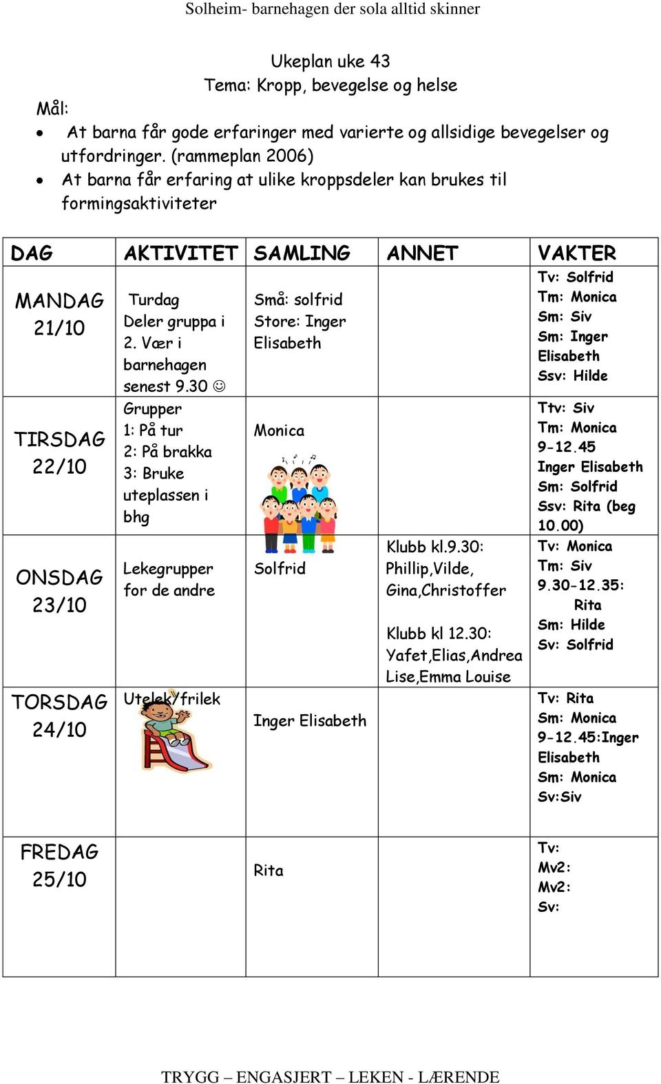 Deler gruppa i 2. Vær i barnehagen senest 9.30 Grupper 1: På tur 2: På brakka 3: Bruke uteplassen i bhg Lekegrupper for de andre Utelek/frilek Små: solfrid Store: Inger Solfrid Klubb kl.9.30: Phillip,Vilde, Gina,Christoffer Klubb kl 12.