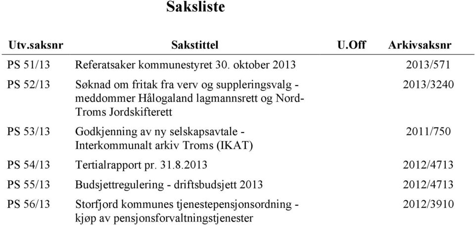 Jordskifterett PS 53/13 Godkjenning av ny selskapsavtale - Interkommunalt arkiv Troms (IKAT) 2013/3240 2011/750 PS 54/13