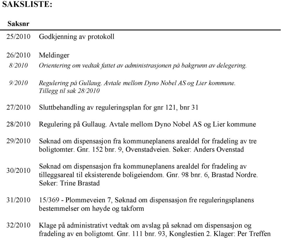 Avtale mellom Dyno Nobel AS og Lier kommune 29/2010 Søknad om dispensasjon fra kommuneplanens arealdel for fradeling av tre boligtomter. Gnr. 152 bnr. 9, Ovenstadveien.