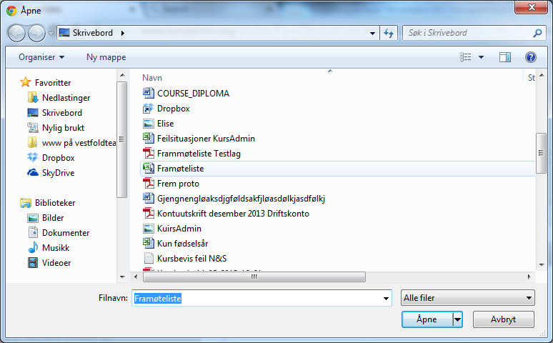 klikk velg fil: og velg deretter korrekt fil fra din PC og klikk Åpne : Når man avslutter kurset må samlet antall timer deltagelse for hver enkelt deltager legges inn.