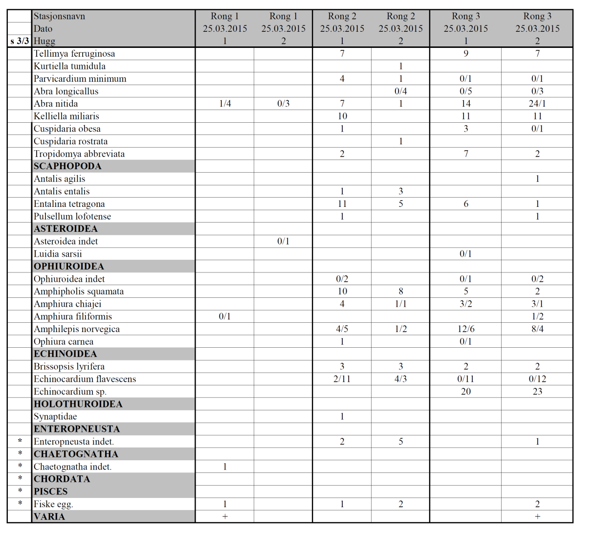 4) Geometriske klasser Tabellen angir antall arter i de ulike geometriske klassene ved stasjonene Rong 1, Rong 2 og Rong 3.