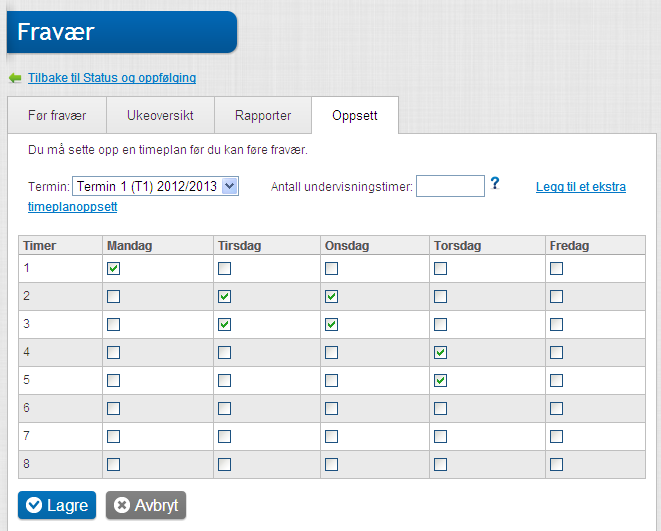 5. Merke timeplanen Når terminene er lagt til må timeplanen for dette faget opprettes. 1. Klikk Status og oppfølging. 2. Klikk Fravær. 3.