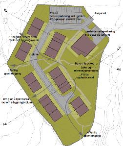 Illustrasjoner viser snittet for plasseringen av ny bebyggelse som er best mulig tilpasset eksisterende terreng.