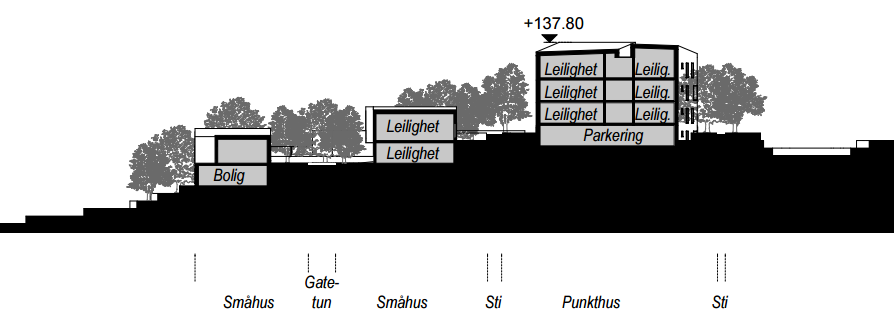 Gangadkomst til byggene i B2 er direkte fra bakkeplan i 2 etasje. For bebyggelsen i B1 er det lagt direkte adkomst til boenhetene både i 1.