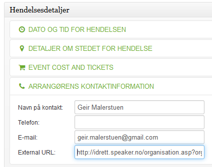 Velg deretter mappen "Detaljer om stedet for hendelsen" og fyll ut informasjonen der. Kryss av for "Vis Google kart" slik at stedet vises på et kart.