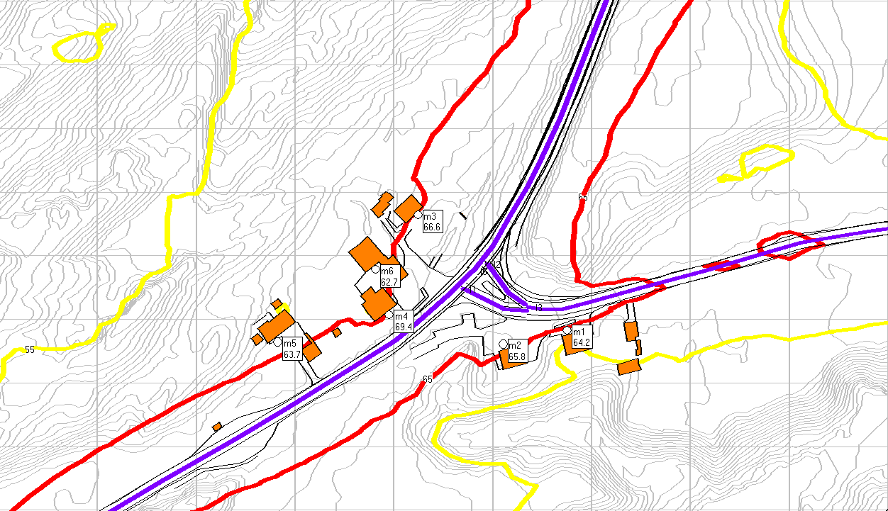 VEDLEGG C: VEITRAFIKKSTØY I KRYSS EV. 39/FV. 13, FREMSKREVET TRAFIKKMENGDE ÅR 2030, UTEN TRAFIKKBIDRAG FRA NY INDUSTRI, 4 METER BEREGNINGSHØYDE Figur 5: Beregning av støykoter for veitrafikk fra Fv.