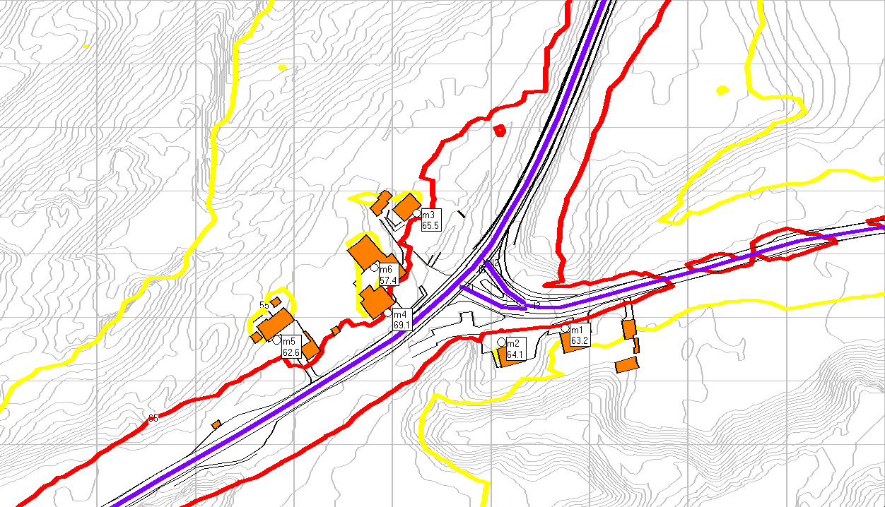 VEDLEGG D: VEITRAFIKKSTØY I KRYSS EV. 39/FV. 13, FREMSKREVET TRAFIKKMENGDE ÅR 2030, UTEN TRAFIKKBIDRAG FRA NY INDUSTRI, 2 METER BEREGNINGSHØYDE Figur 6: Beregning av støykoter for veitrafikk fra Fv.