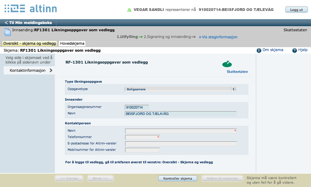 Figur 3 Registrering av informasjon om innsending ved opplasting av fil I hovedskjemaet fylles det ut data om innsendingen.