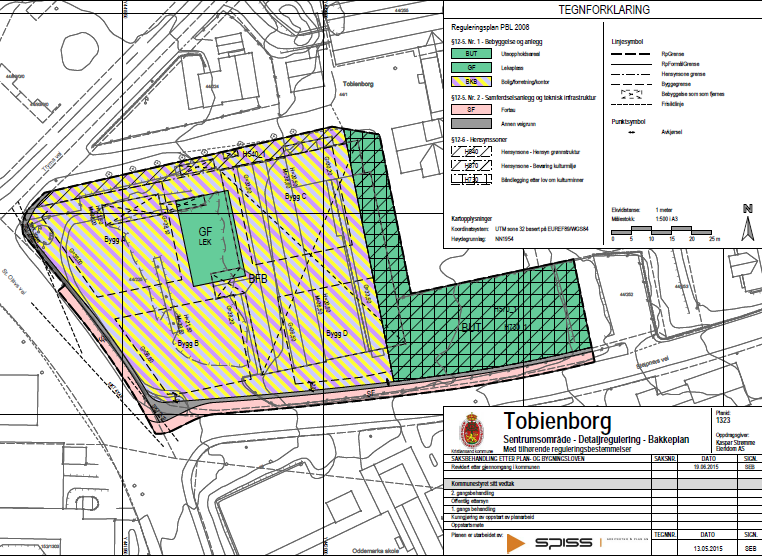 Reguleringsplan Gjeldende plan for Tobienborg vedtatt i bystyret 21.01.09. Området er merket B/F/K1, B/K/K1a, 1b, 1c og 1d. Området B/F/K1d er markert med lek.