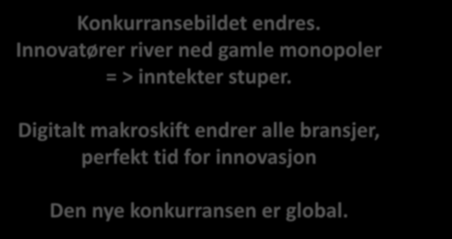 Konkurransebildet endres. Innovatører river ned gamle monopoler = > inntekter stuper.